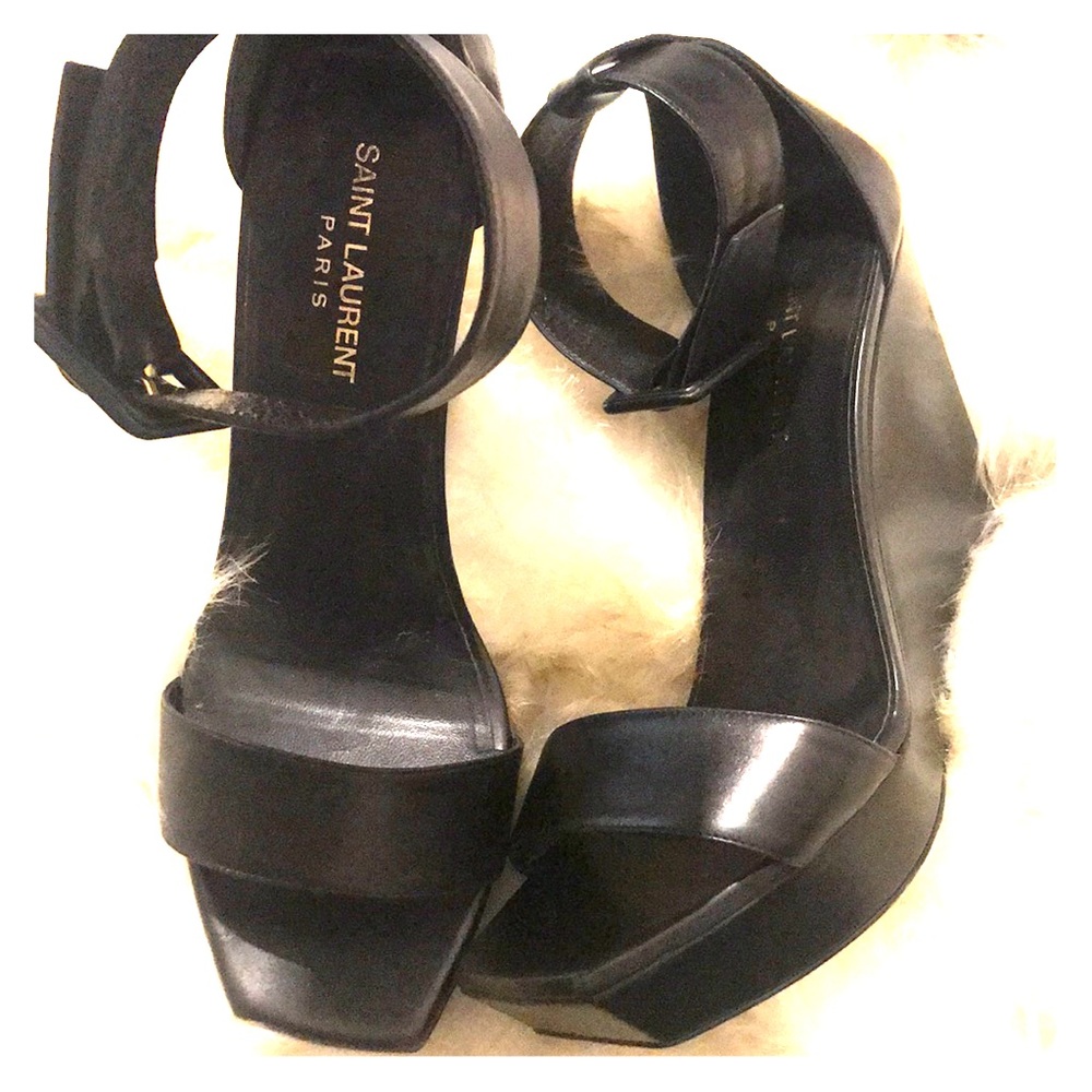 Authentic Saint Laurent  Black Seta Calf Wedges